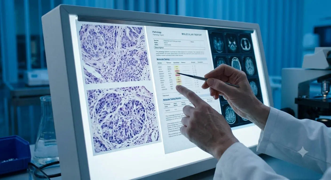Oncologist reviewing scan reports and pathology results