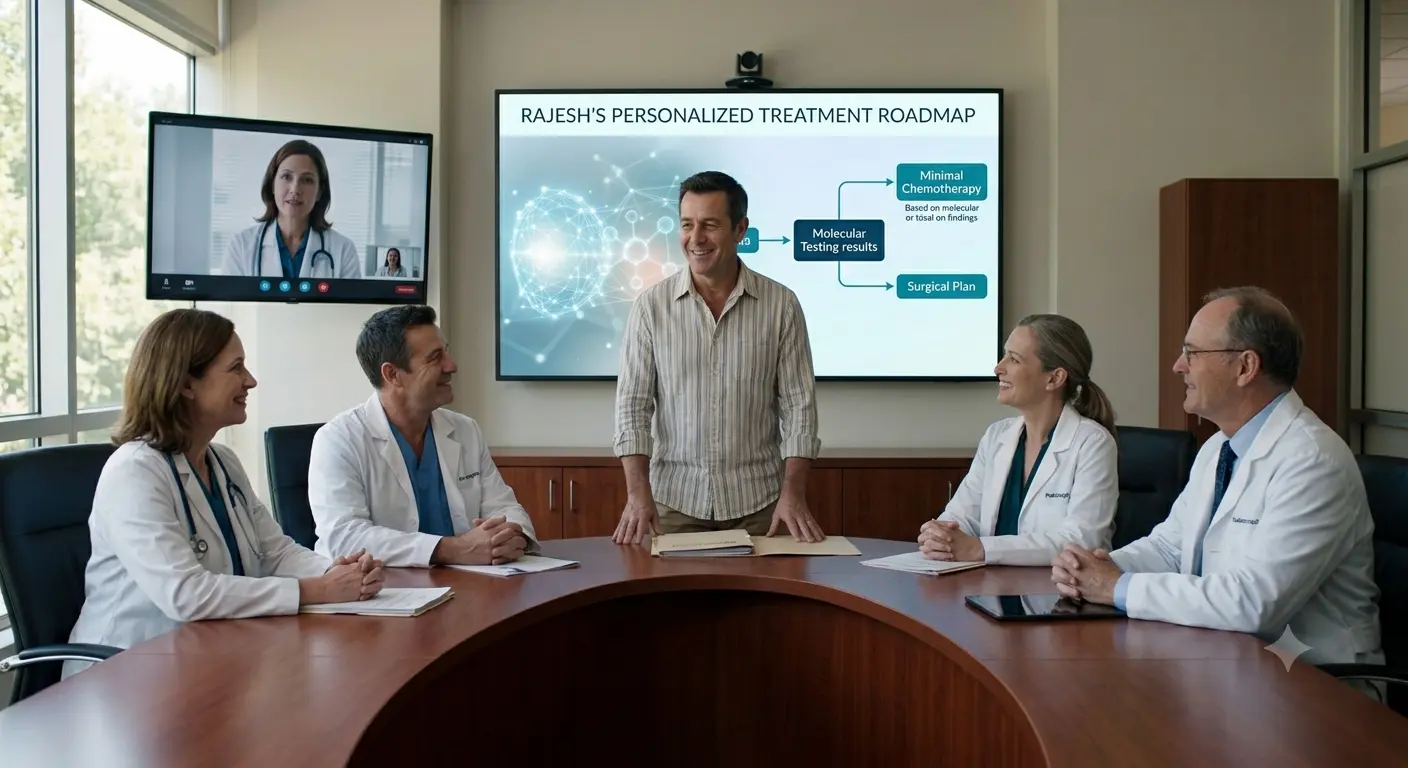 Multidisciplinary oncology team discussing a personalized treatment plan